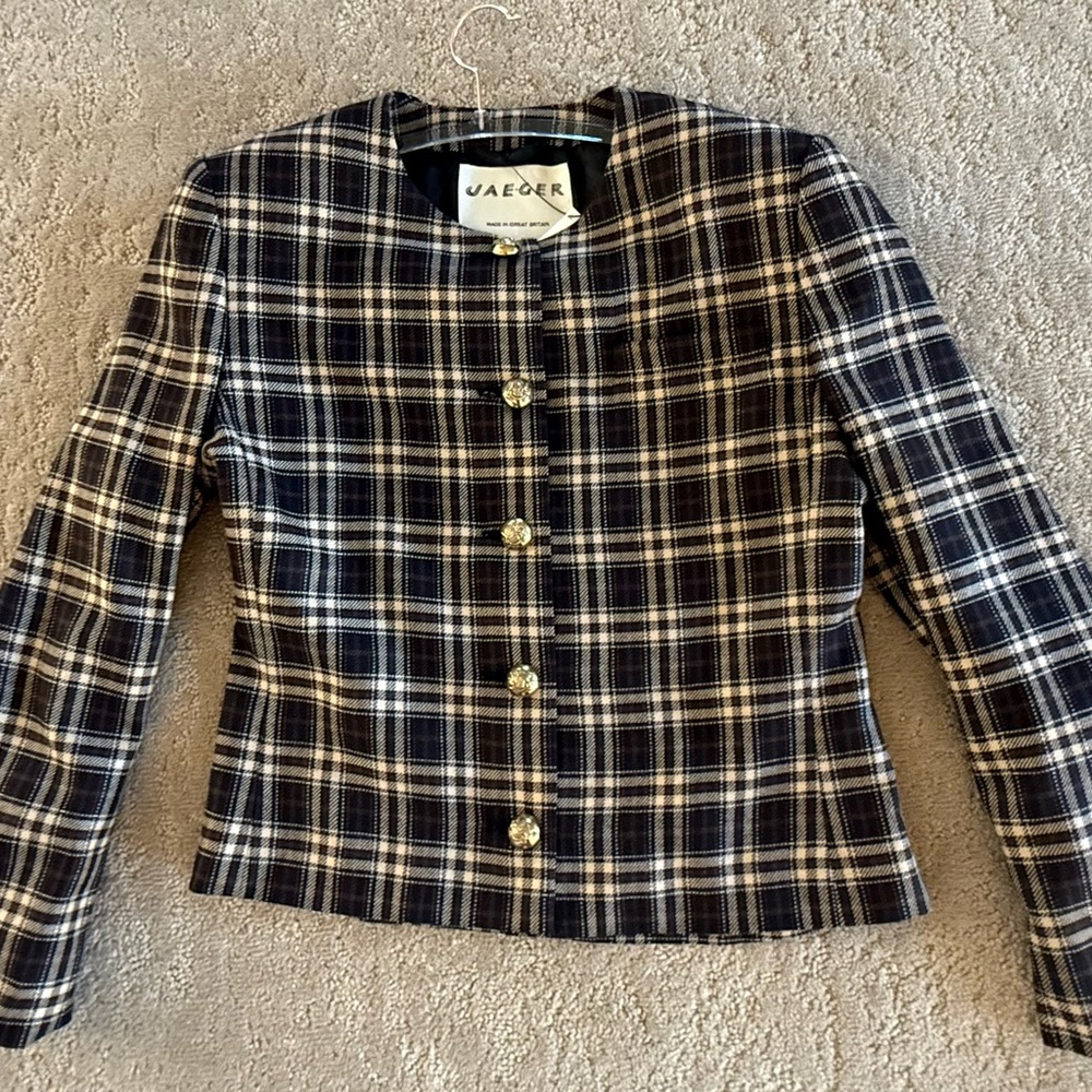 Jaeger Wool Silk Plaid Jacket Blazer Brown Tan UK Made in Great Britain - Picture 2 of 15